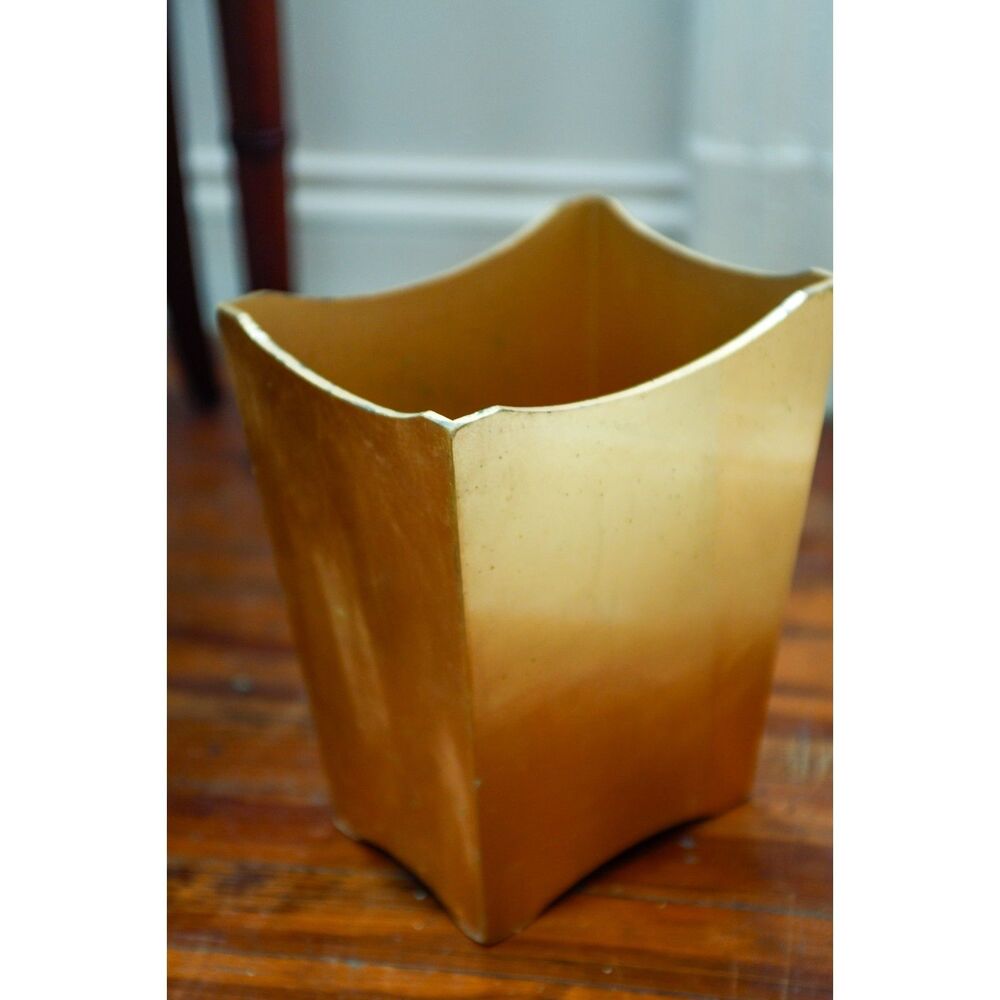 Vintage Gold Lacquered Wood Waste Basket | Scalloped Edge | Hollywood Regency |